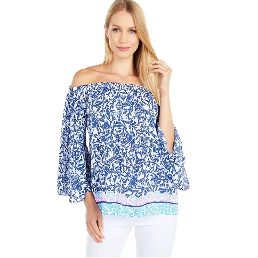 Lilly Pulitzer Blue and White Off-Shoulder Blouse